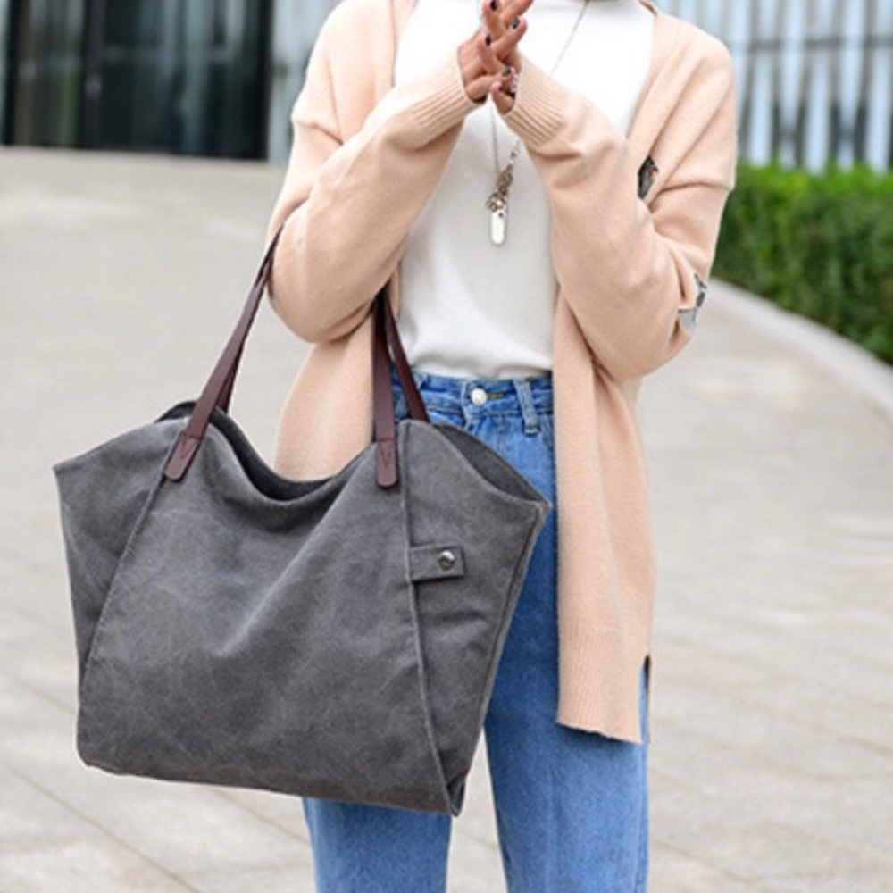 Chic Gray Canvas Tote With Leather Handles 5 ⭐️’s - Picture 5 of 8